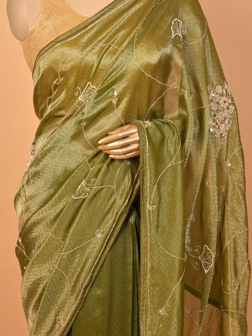 Moti & Sequin Work Green Saree