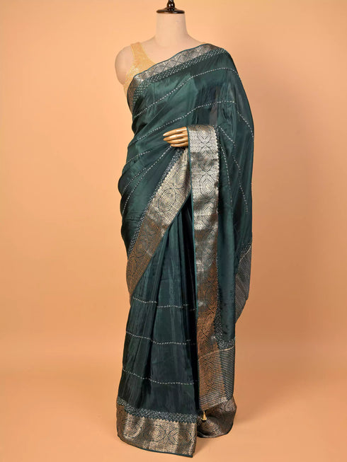 Green Saree with Moti Embroidery