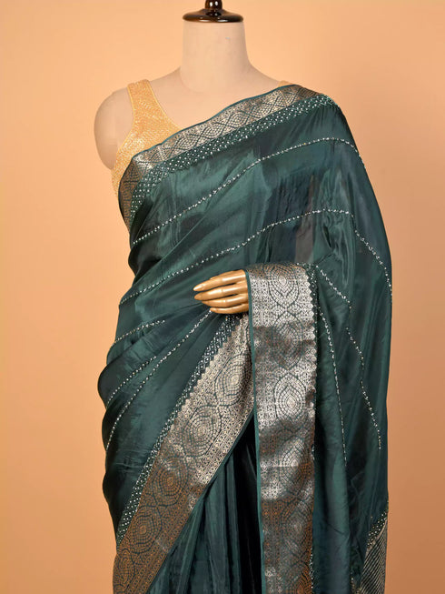 Green Saree with Moti Embroidery