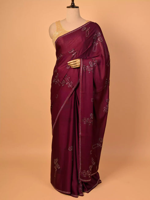 Wine Saree With Swarovski Crystals