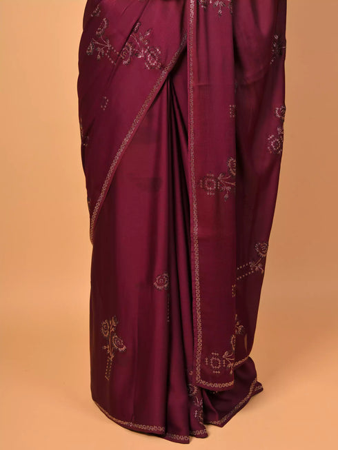 Wine Saree With Swarovski Crystals
