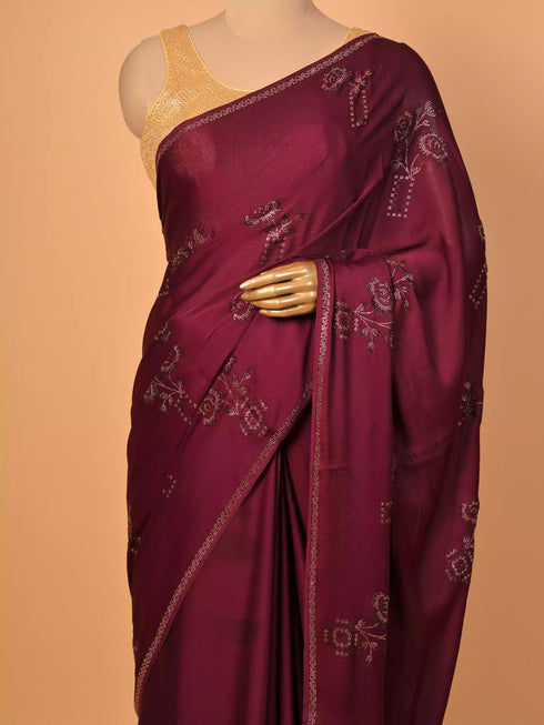 Wine Saree With Swarovski Crystals
