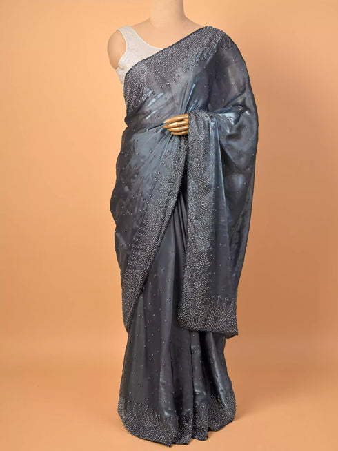 Blue Saree Tikli Moti Work