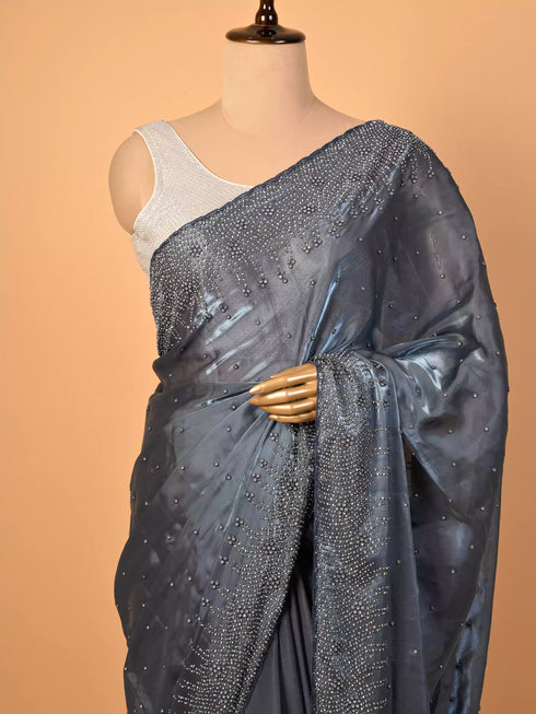Blue Saree Tikli Moti Work