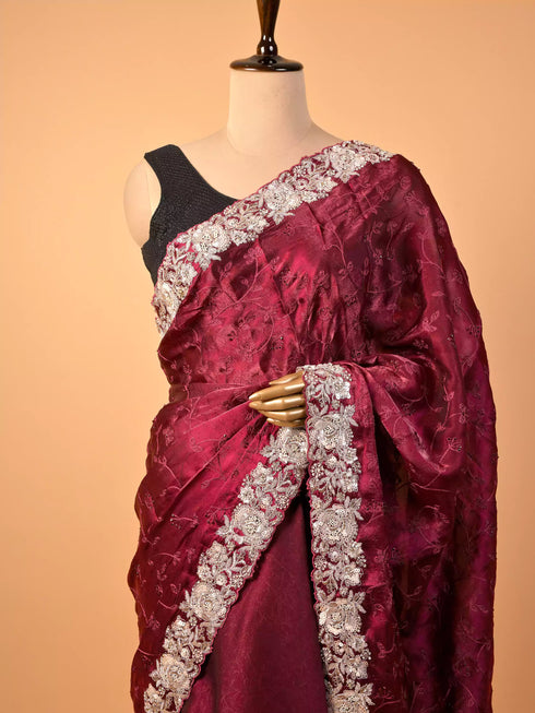 Maroon Saree Machine Thread Work