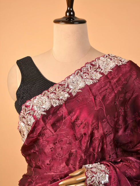 Maroon Saree Machine Thread Work