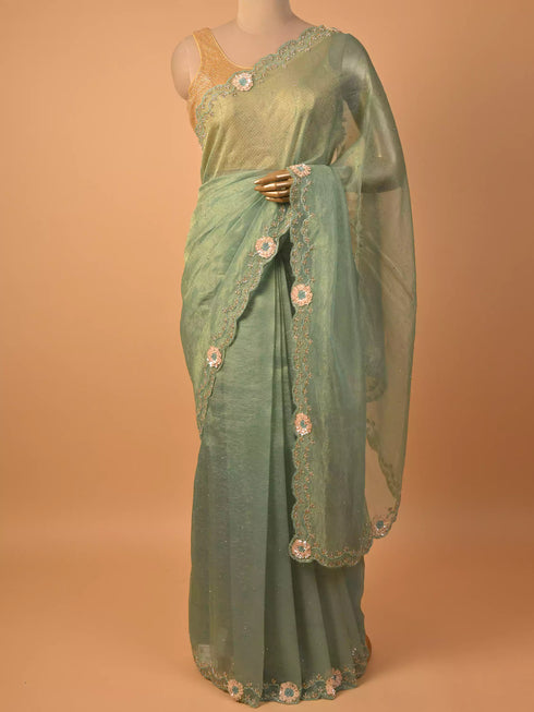 Green Saree with Zarkan Embellishment