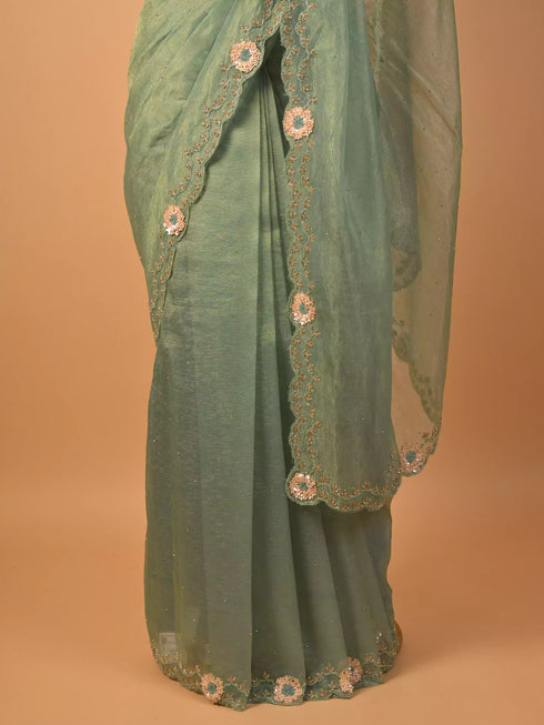 Green Saree with Zarkan Embellishment