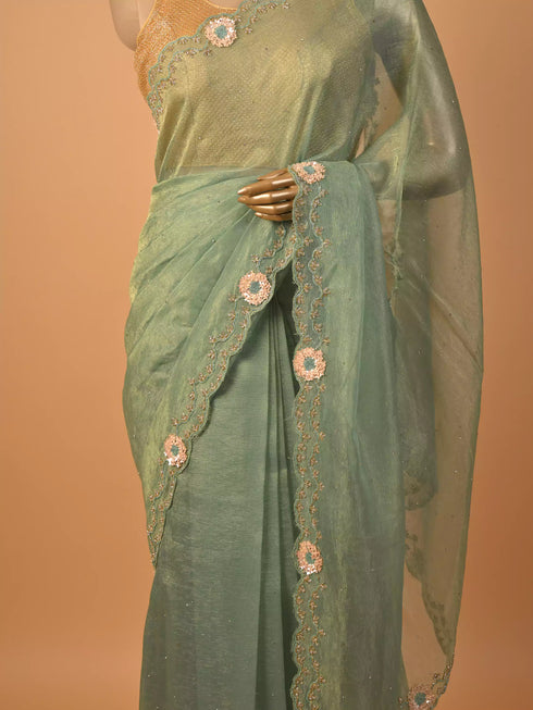 Green Saree with Zarkan Embellishment