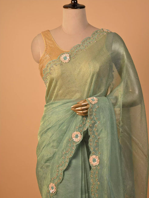 Green Saree with Zarkan Embellishment