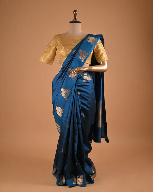 Deep Blue Banarasi Style Designer Saree with Zari Motifs