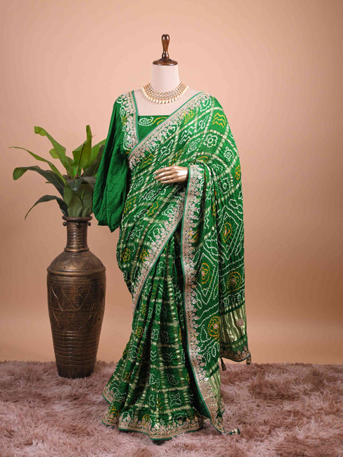 Emerald Green Bandhani Style Saree with Zari Border – Festive Wear