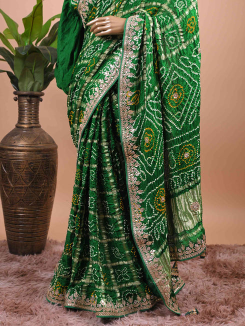 Emerald Green Bandhani Style Saree with Zari Border – Festive Wear