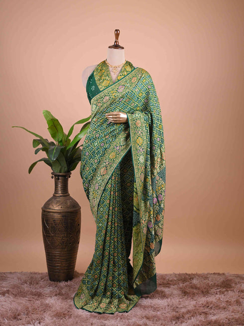 Forest Green Banarasi Style Woven Saree with Floral Motifs & Zari Border
