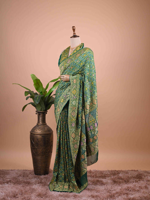 Forest Green Banarasi Style Woven Saree with Floral Motifs & Zari Border