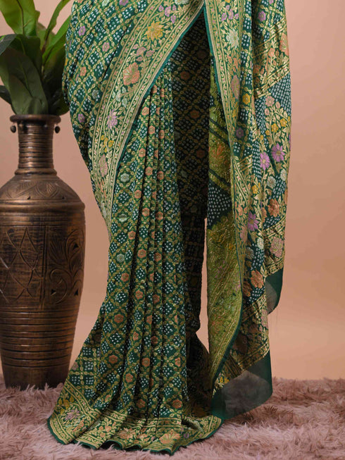 Forest Green Banarasi Style Woven Saree with Floral Motifs & Zari Border