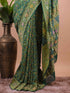 Forest Green Banarasi Style Woven Saree with Floral Motifs & Zari Border