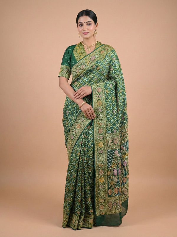 Forest Green Banarasi Style Woven Saree with Floral Motifs & Zari Border