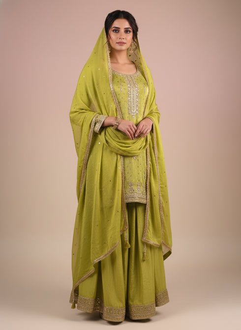 Mehndi Kurti Sharara Set with Machine and Dori Work