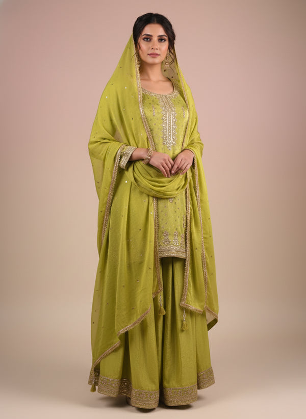 Mehndi Kurti Sharara Set with Machine and Dori Work