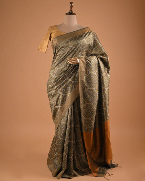 Grey Jacquard Silk Saree with Gold Border