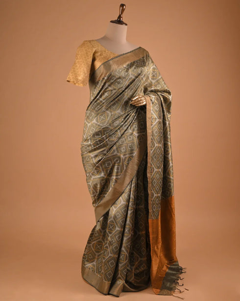 Grey Jacquard Silk Saree with Gold Border