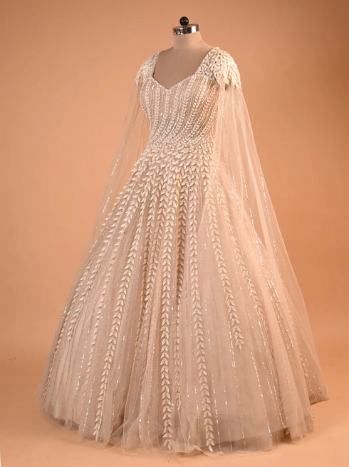 Ivory Gold Cape Style Designer Net Gown