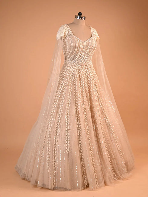 Ivory Gold Cape Style Designer Net Gown