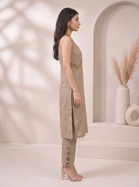 Khakhi Indo Western Set with Embellished Sleeveless Kurta & Slim Pants