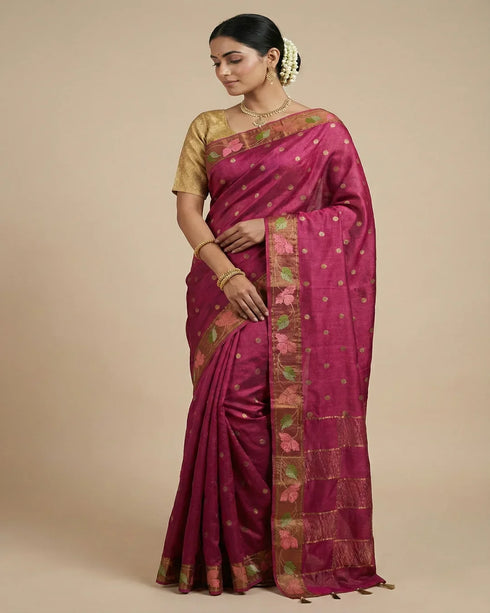 Magenta Silk Designer Saree with Gold Butti Work