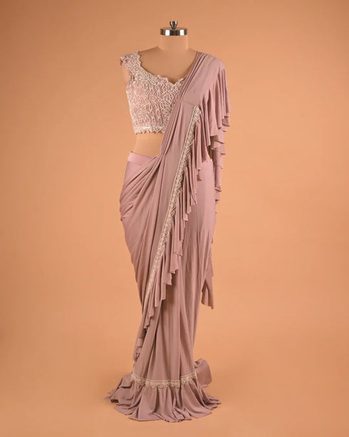 Mauve Ruffle Designer Saree with Lace Embroidered Blouse
