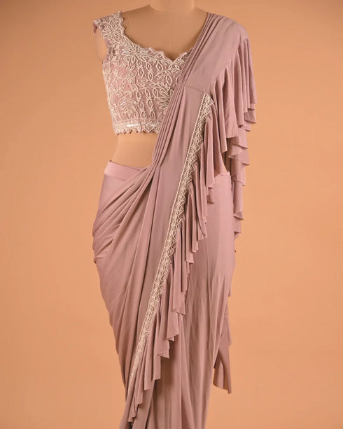 Mauve Ruffle Designer Saree with Lace Embroidered Blouse