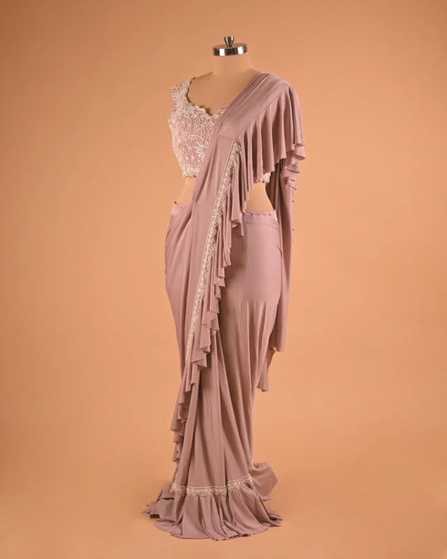 Mauve Ruffle Designer Saree with Lace Embroidered Blouse