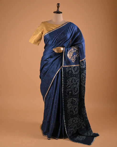 Midnight Blue Handcrafted Designer Saree with Bandhani Pallu