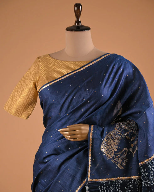 Midnight Blue Handcrafted Designer Saree with Bandhani Pallu