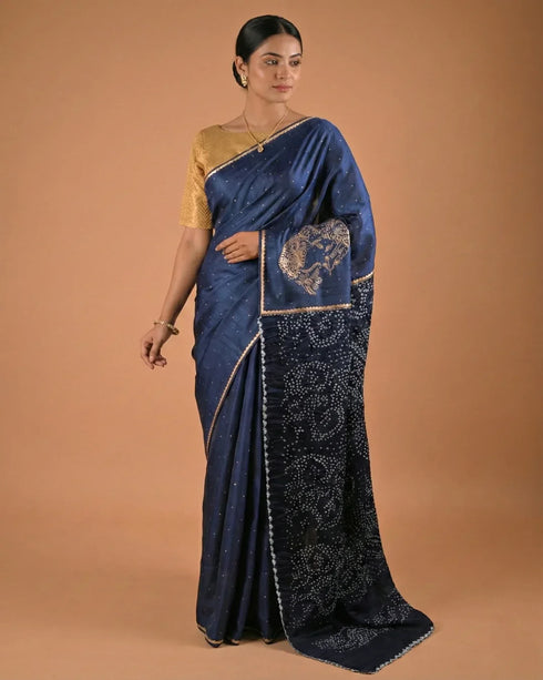 Midnight Blue Handcrafted Designer Saree with Bandhani Pallu