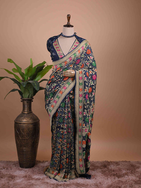 Navy Blue Banarasi Style Woven Saree with Multicolour Floral Motifs & Zari Border