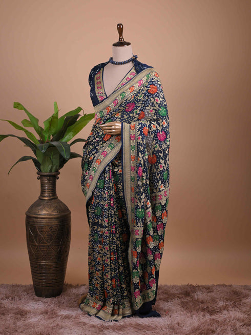 Navy Blue Banarasi Style Woven Saree with Multicolour Floral Motifs & Zari Border