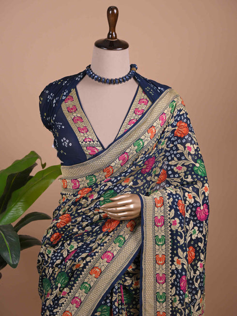 Navy Blue Banarasi Style Woven Saree with Multicolour Floral Motifs & Zari Border