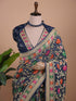 Navy Blue Banarasi Style Woven Saree with Multicolour Floral Motifs & Zari Border