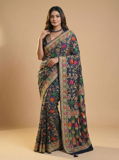 Navy Blue Banarasi Style Woven Saree with Multicolour Floral Motifs & Zari Border