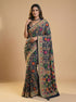 Navy Blue Banarasi Style Woven Saree with Multicolour Floral Motifs & Zari Border