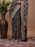 Navy Blue Banarasi Style Woven Saree with Multicolour Floral Motifs & Zari Border
