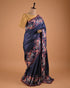 Navy Blue Embroidered Designer Saree with Floral Border
