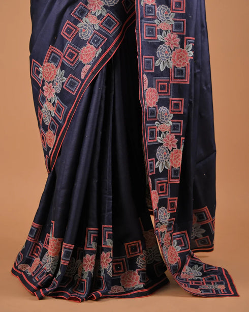 Navy Blue Embroidered Designer Saree with Floral Border