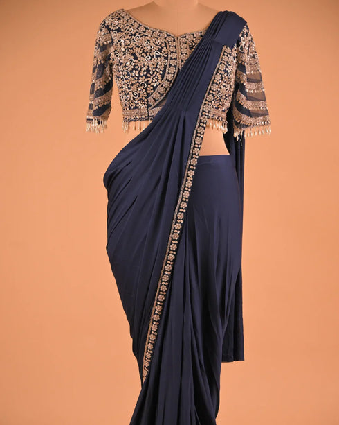 Navy Blue Embroidered Designer Saree with Tassel Detail Blouse