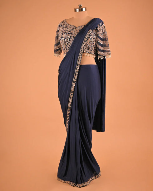 Navy Blue Embroidered Designer Saree with Tassel Detail Blouse