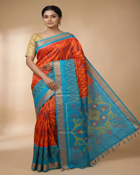 Orange & Turquoise Ikat Style Designer Saree with Silver Border