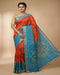 Orange & Turquoise Ikat Style Designer Saree with Silver Border