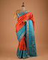 Orange & Turquoise Ikat Style Designer Saree with Silver Border